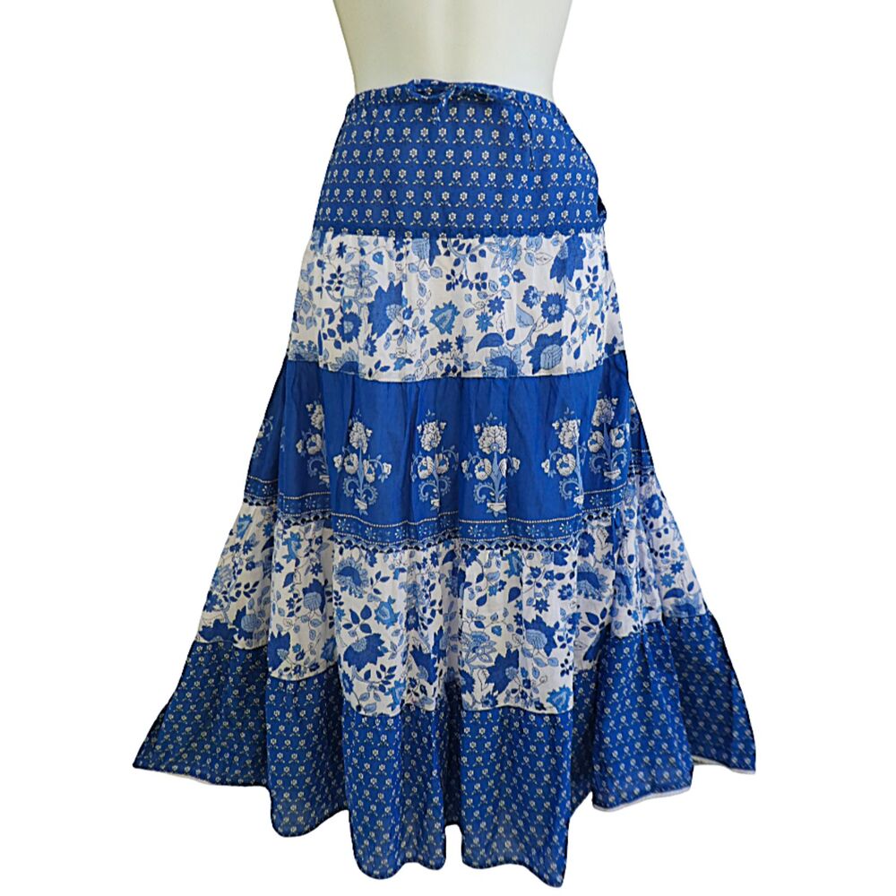 Vintage 90s Ralph Lauren Tiered Floral Maxi Skirt Blue White Cotton Voile Boho M